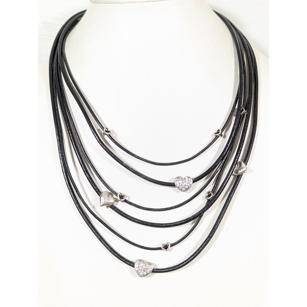 Crystal Heart Slide Charm Black Multi Cord Layered Statement Neckalce 21 inch